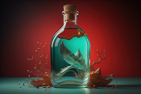 Bottle with a liquid on a solid color background. ai generativeの素材
