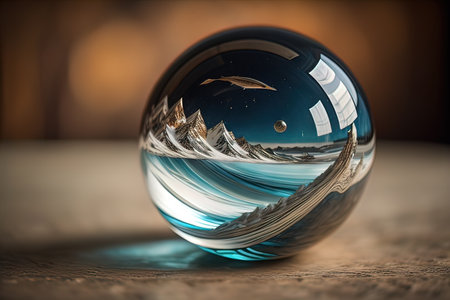 Transparent crystal ball on a wooden table. ai generativeの素材
