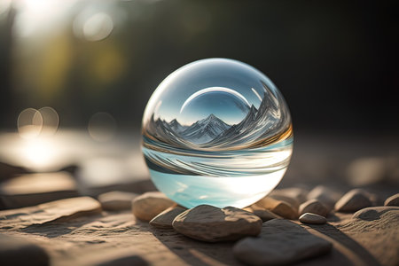 Transparent crystal ball on a wooden table. ai generativeの素材