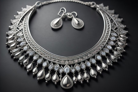 Silver necklace on a solid color background in close-up. ai generativeの素材