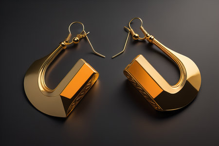 Earrings made of gold on a solid color background close up. ai generativeの素材