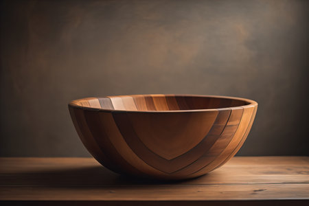 Empty wooden bowl on wooden background. Top view. Copy space. ai generativeの素材