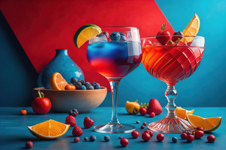 Glasses of sangria with fruits and berries on solid color background. ai generativeの素材