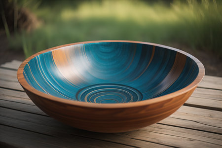 Empty wooden bowl on wooden background. Top view. Copy space. ai generativeの素材