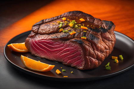 Raw beef sirloin steak with ingredients for cooking on wooden background. ai generativeの素材