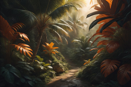 A pathway in tropical rainforest with palm trees and path in the mist. ai generativeの素材