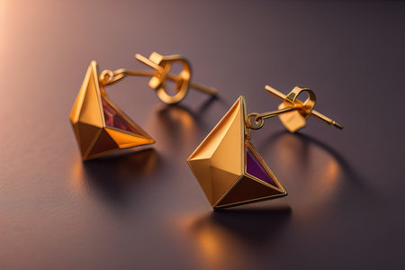 Earrings made of gold on a solid color background close up. ai generativeの素材