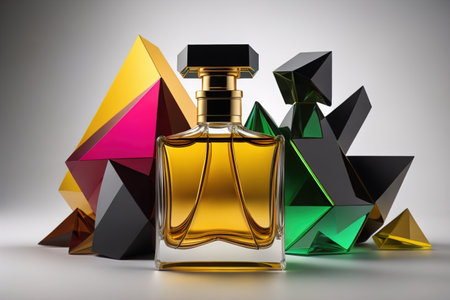 Creative and brandless Perfume bottle and flower on the wooden table, closeup. ai generativeの素材