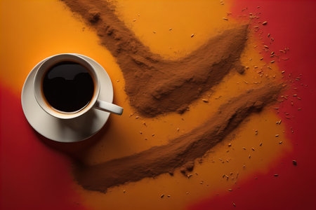 Coffee cup on a wooden table, top view. ai generativeの素材
