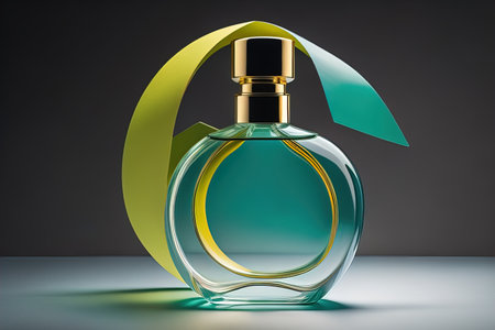 Creative and brandless Perfume bottle and flower on the wooden table, closeup. ai generativeの素材