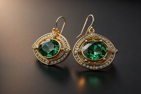 Earrings made of gold on a solid color background close up. ai generativeの素材
