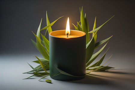 Creative burning candle on a wooden background. ai generativeの素材