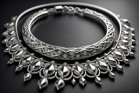 Silver necklace on a solid color background in close-up. ai generativeの素材