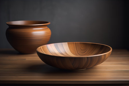 Empty wooden bowl on wooden background. Top view. Copy space. ai generativeの素材