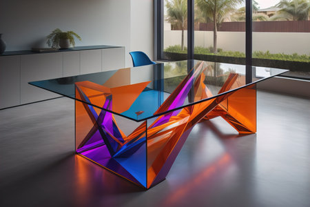 Interior of a living room with a glass table. ai generativeの素材