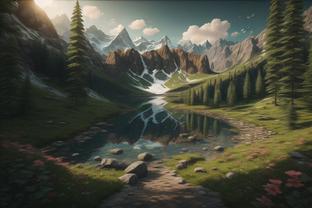 Beautiful fantasy landscape with a river in the mountains. ai generativeの素材