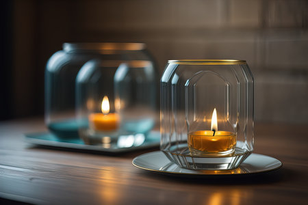 Colorful candles in glass on wooden table, closeup. ai generativeの素材