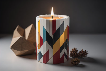 Burning aroma candle on wooden table against solid color background, copyspace. ai generativeの素材