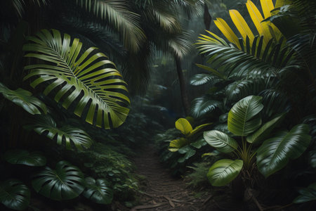 A pathway in tropical rainforest with palm trees and path in the mist. ai generativeの素材