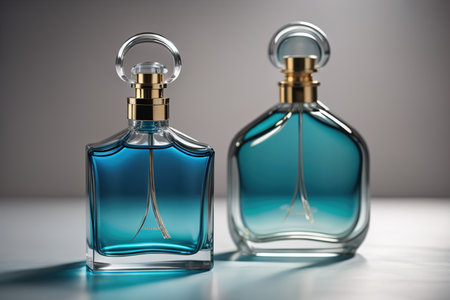 Creative and brandless Perfume bottle and flower on the wooden table, closeup. ai generativeの素材
