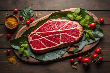 Raw beef sirloin steak with ingredients for cooking on wooden background. ai generativeの素材