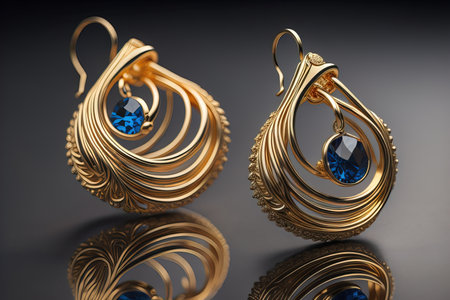Earrings made of gold on a solid color background close up. ai generativeの素材