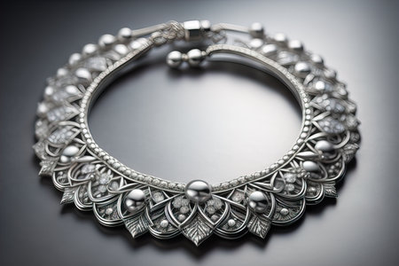 Silver necklace on a solid color background in close-up. ai generativeの素材