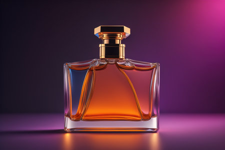 Creative and brandless Perfume bottle and flower on the wooden table, closeup. ai generativeの素材