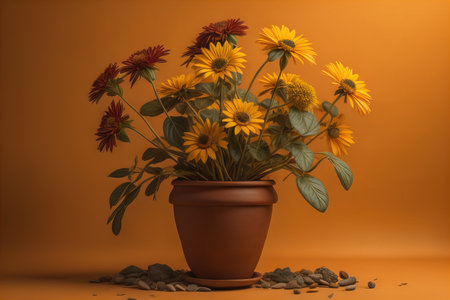 Flowers in a pot on a solid color background. ai generativeの素材