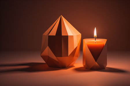 Burning aroma candle on wooden table against solid color background, copyspace. ai generativeの素材
