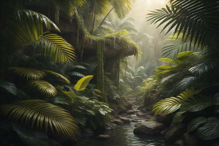 A pathway in tropical rainforest with palm trees and path in the mist. ai generativeの素材