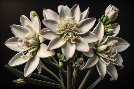 Beautiful white lilies on solid color background, closeup. Floral decor. ai generativeの素材