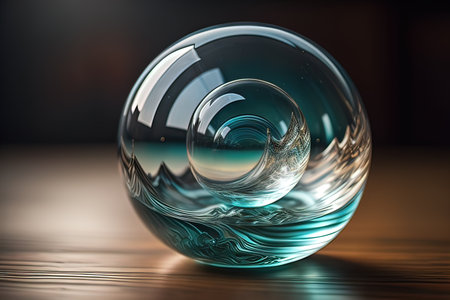 Transparent crystal ball on a wooden table. ai generativeの素材