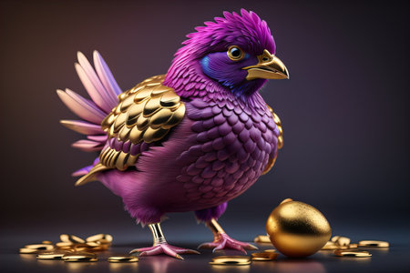a golden chicken with golden eggs on a dark background. ai generativeの素材