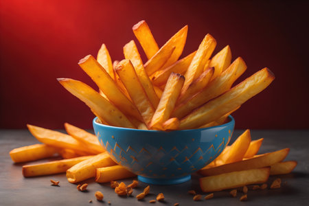 French fries in a bowl on red background. Selective focus. ai generativeの素材