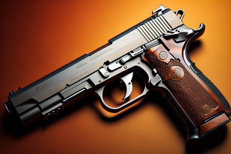 Semi-automatic handgun on a solid color background. Close-up. ai generativeの素材