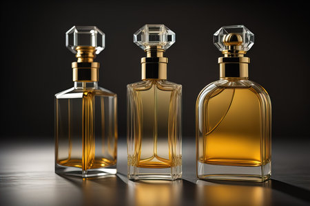 Creative and brandless Perfume bottle and flower on the wooden table, closeup. ai generativeの素材