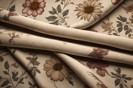 Crumpled beige fabric with floral pattern, closeup view. ai generativeの素材