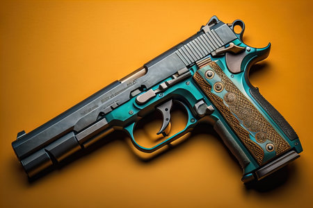 Semi-automatic handgun on a solid color background. Close-up. ai generativeの素材