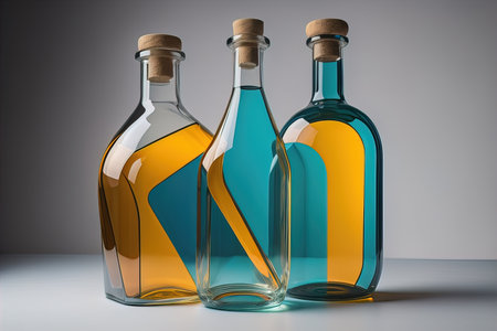 Bottle with a liquid on a solid color background. ai generativeの素材
