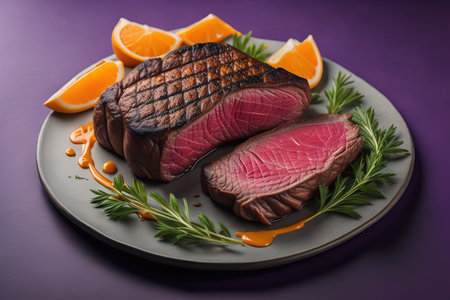 Raw beef sirloin steak with ingredients for cooking on wooden background. ai generativeの素材