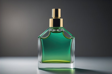 Creative and brandless Perfume bottle and flower on the wooden table, closeup. ai generativeの素材