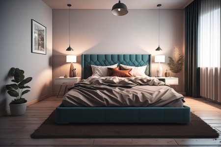 Modern bedroom interior design with gray walls, wooden floor, comfortable king size bed with two pillows. ai generativeの素材