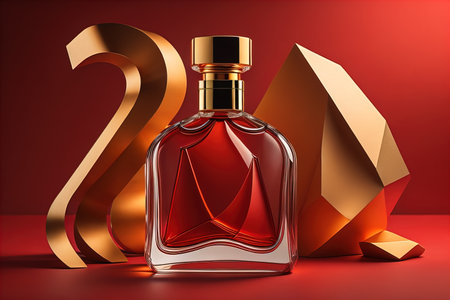 Creative and brandless Perfume bottle and flower on the wooden table, closeup. ai generativeの素材