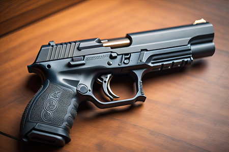 Semi-automatic handgun on a solid color background. Close-up. ai generativeの素材