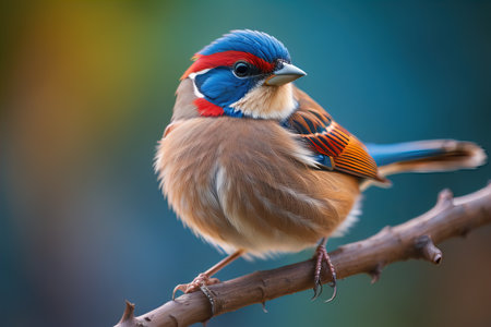 Colorful bird perched on a branch with blurred background, closeup. ai generativeの素材