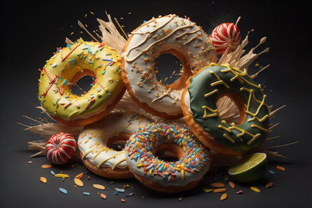 Variety of donuts on a solid color background. Top view. ai generativeの素材