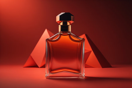 Creative and brandless Perfume bottle and flower on the wooden table, closeup. ai generativeの素材