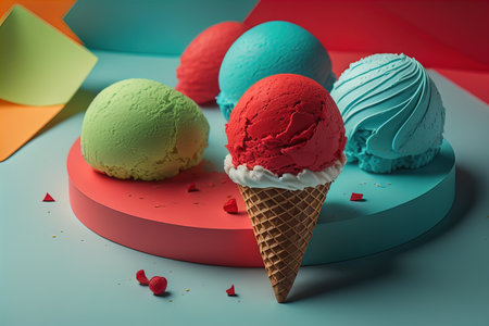 Ice cream in waffle cone on blue background, top view, flat lay. ai generativeの素材