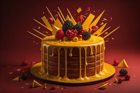 Chocolate cake with cream on a solid color background. Toned. ai generativeの素材